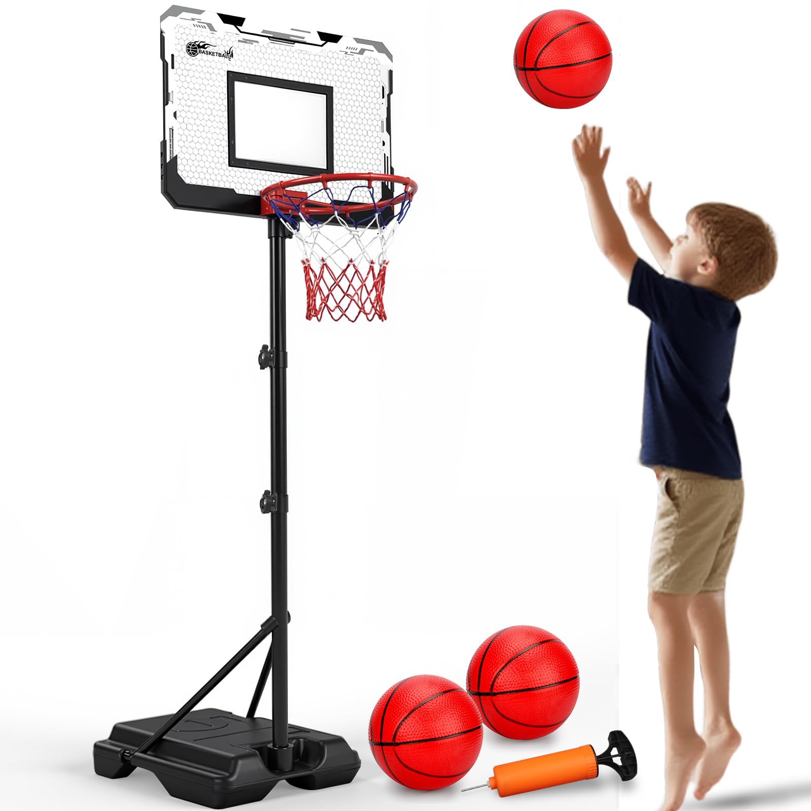 Kids Basketball Hoop Stand Indoor Outdoor Adjustable Height 0.97-1.88M(3.2-6.2ft) Basketball Hoop Toys Sport Games with Base 3 Orange Balls for Boys Girl Gift