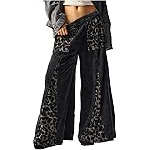 BEAUDRM Women's Leopard Pactwork Pants Y2k Cheetah Elastic Waist Baggy Pants Wide Leg Knitted Long Trousers with Pocket