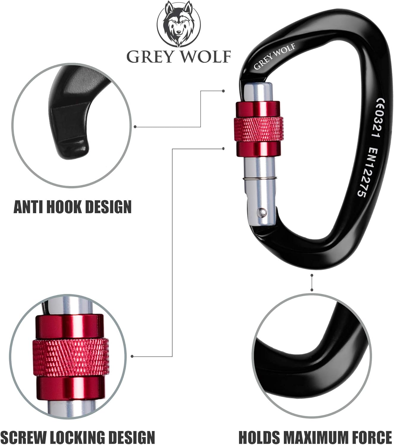 GREY WOLF Heavy Duty Climbing Carabiner – USA Certified 25 KN Screwgate Climbing Harness – D Ring Locking Carabiner for Rock Climbing Holds, Tree Climbing Gear, Dog Leash & Camping Hammock : Sports & Outdoors