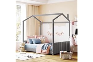 DEINPPA Full Size House Platform Bed with Velvet Fabric Upholstered Tufted Headboard and Footboard, Kids House Bed Frame with Roof Design, for Kids Boys Girls-Gray