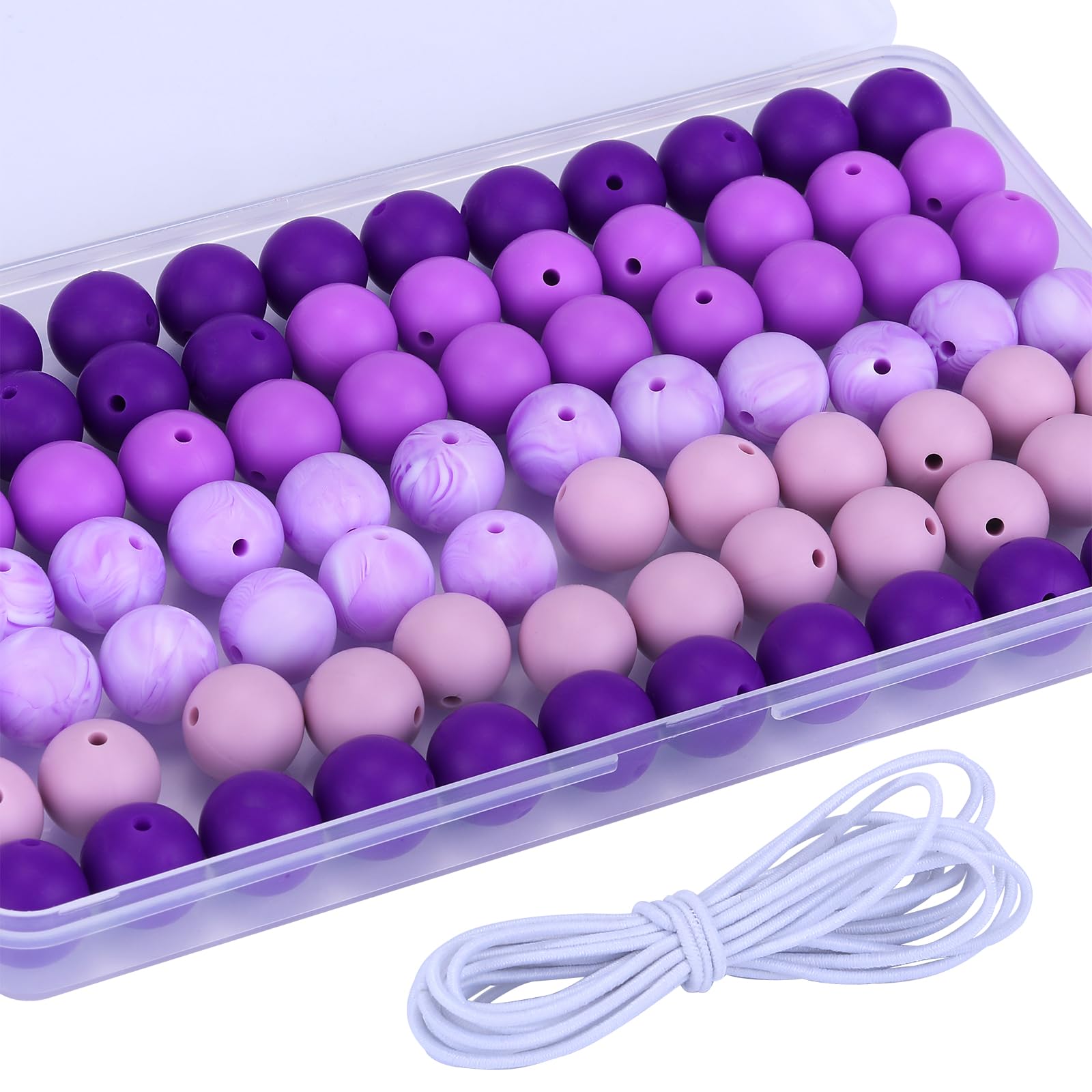 WEWAYSMILE 80pcs 15mm Silicone Beads, Bulk Round Silicone Beads, with 2 Meters Elastic Beaded Rope for Bracelet Keychain Lanyards Jewelry DIY Crafts