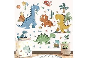 decalmile Boho Dinosaur Wall Decals Dino Tropical Plants Palm Tree Volcano Wall Stickers Boys Bedroom Toddler Kids Room Baby 