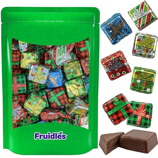 FRUIDLES RICH CHRISTMAS CHOCOLATE PRESENTS SQUARES DESIGN, SMOOTH & CREAMY CHOCOLATE PRESENTS, HOLIDAY PARTY BAG FILLERS, INDIVIDUALLY WRAPPED MULTICOLOR FOILS, KOSHER CERTIFIED DAIRY (HALF-POUND)