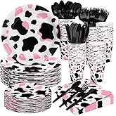 durony 350 Pieces Pink Cow Print Party Tableware Set Including Cowgirl Pink Cow Party Plates Cups Napkins Knives Forks Spoons Serves 50 for Baby Shower Farm Cow Party Decorations