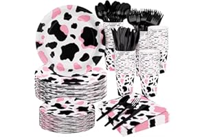 durony 350 Pieces Pink Cow Print Party Tableware Set Including Cowgirl Pink Cow Party Plates Cups Napkins Knives Forks Spoons Serves 50 for Baby Shower Farm Cow Party Decorations