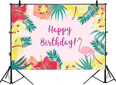 Amazon 7 X 5ft誕生日tropical Palm Leavesカラフルハイビスカス花とフラミンゴピンク水彩装飾ポリエステル写真バックドロップ写真小道具studio写真ブース小道具 バックペーパー 背景布 通販