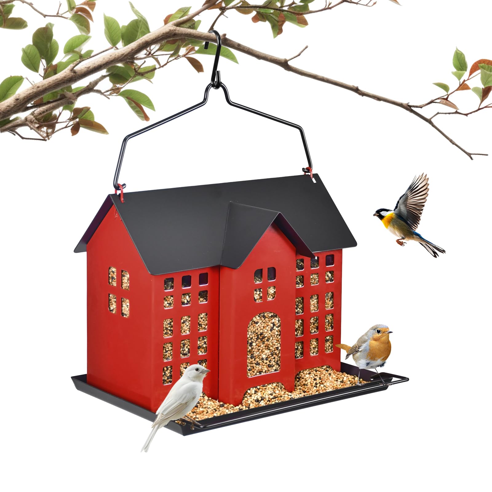 Photo 1 of BOCHENTECH Hanging Bird Feeder, Outdoor Bird Feeder, Metal Bird Feeder, 5.6LB with Three Small Individual compartments for Finch Cardinal Chickadee, Large Capacity, Weatherproof and Durable