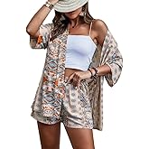 Glozeplus Women's 2 Piece Jumpsuit Floral Print Summer Half Sleeve Thin Coat Bodycon Short Pant Set Outfits