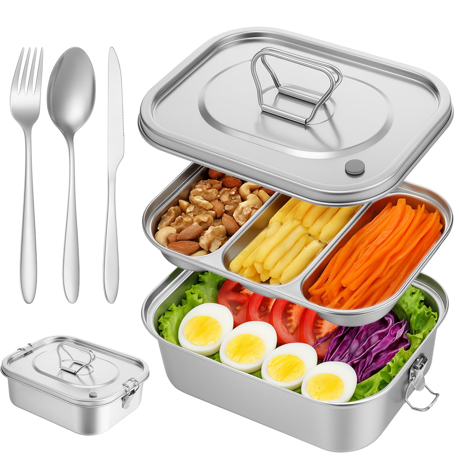 Photo 1 of 304 Stainless Steel Bento Box 3-Compartment Tray Lunch Box and Food Containers Leakproof 1800ml Metal Bento Containers with Airtight Valve Handle Including Fork Knife Chopsticks for Travel Work Picnic