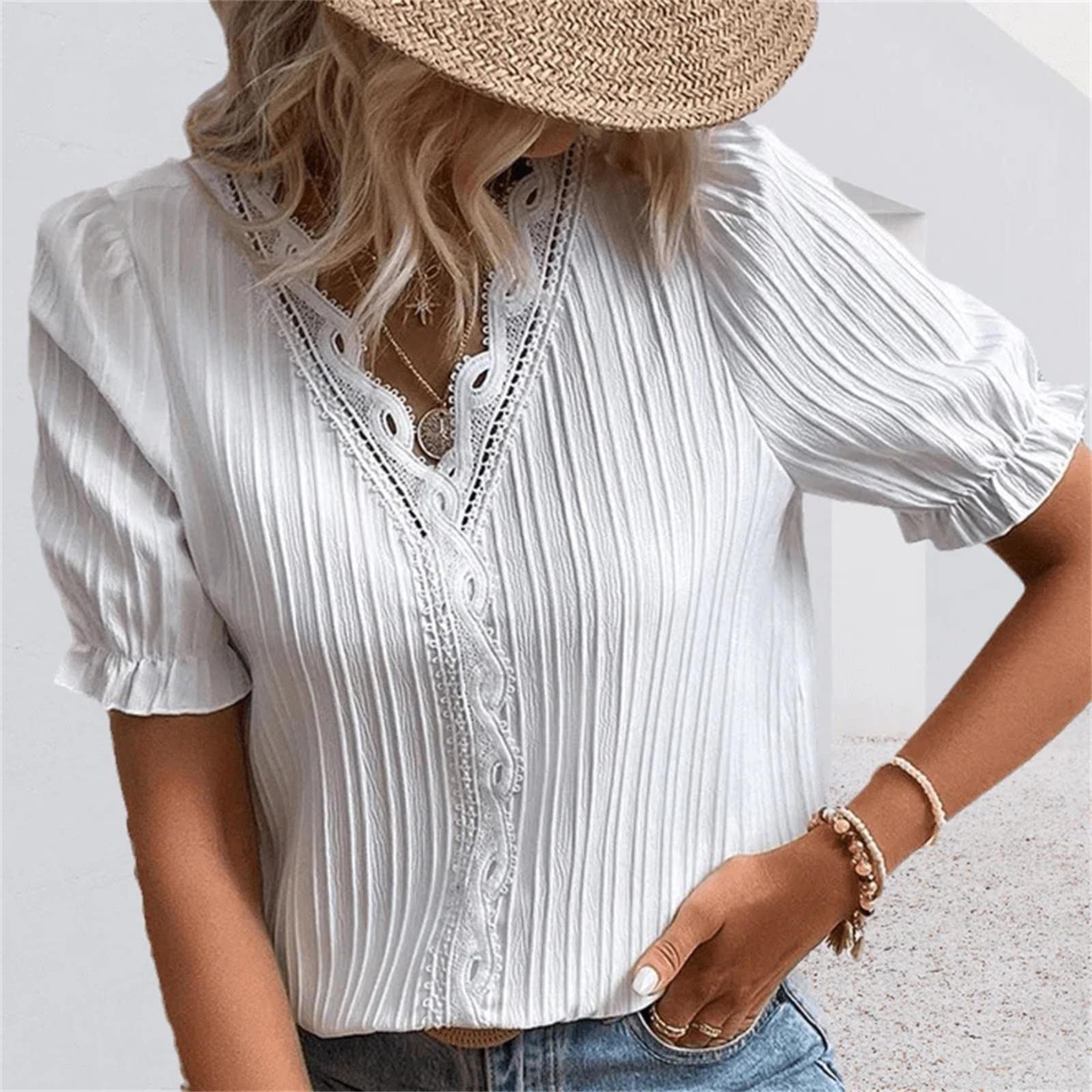 JOASDAO Women's Plus Size Lace Tops UK - Short Sleeve V Neck White Blouses for Women Elegant Casual Summer Tops Dressy Shirts