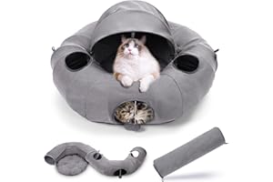 OUHOU Cat Tunnel Bed with Central Mat, Cat Tunnels for Indoor Cats with 4 Hanging Balls and 6 Peephole, Cat Donut Tunnel for Large Cats, Bunny- Grey