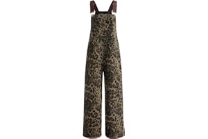 CIDER Overalls for Women Denim Leopard Pocket Buckle Up Wide Leg Jumpsuit