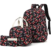 Bevkois Cherry School Backpack for Girls, 3Pcs Waterproof Lightweight Kids Student Backpacks with Lunch Bag and Pencil Case
