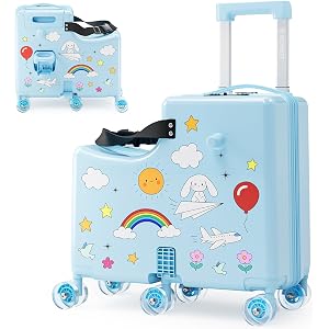 REMEIT Ride On Suitcase for Kids, Kids Ride On Luggage with Wheels, Hard Shell Kids Suitcase with TSA Lock, Foldable Pedal, C