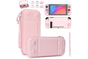 YK YOUNIK Younik Switch Case for Switch 2017, Portable Switch Carrying Case, 14 in 1 Accessories Kit with Switch Case, Cover, Screeen Protector, Thumb Grip Cap, Game Card Case and Strap (Pink, Button Pattern)