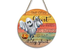 QSSFDGG Halloween Hanging Door Wall Decor Wooden Plaque, Holy Ghost Sign, Pumpkin Lantern Pattern, 8 Inch Round Halloween House Decor Hanging Sign, Outdoor Halloween Theme Party Decor Supplies -08