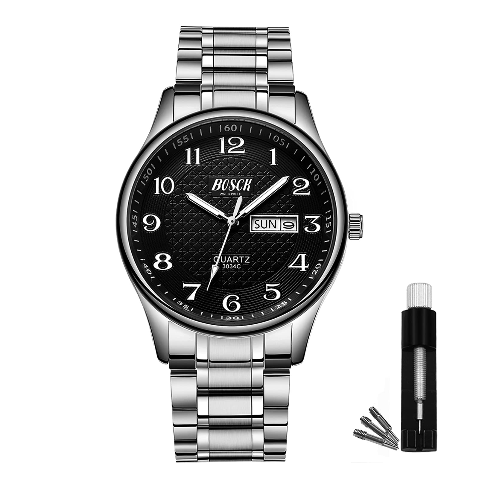 BOSCK Men's Stainless Steel Waterproof Analog Date Day Watch, Silver/Black, Bracelet