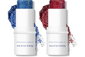 KYDA 2 Colors Body Glitter Stick, Chunky Glitter Gel for Face Body Hair, Sparkling Holographic Mermaid Sequins Paint, Multiuse Makeup Glitter Gel, Red and Blue