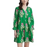 Women's Casual V Neck Boho Floral Mini Dress Puff Long Sleeve Ruffle Flowy Tunic Short Dress