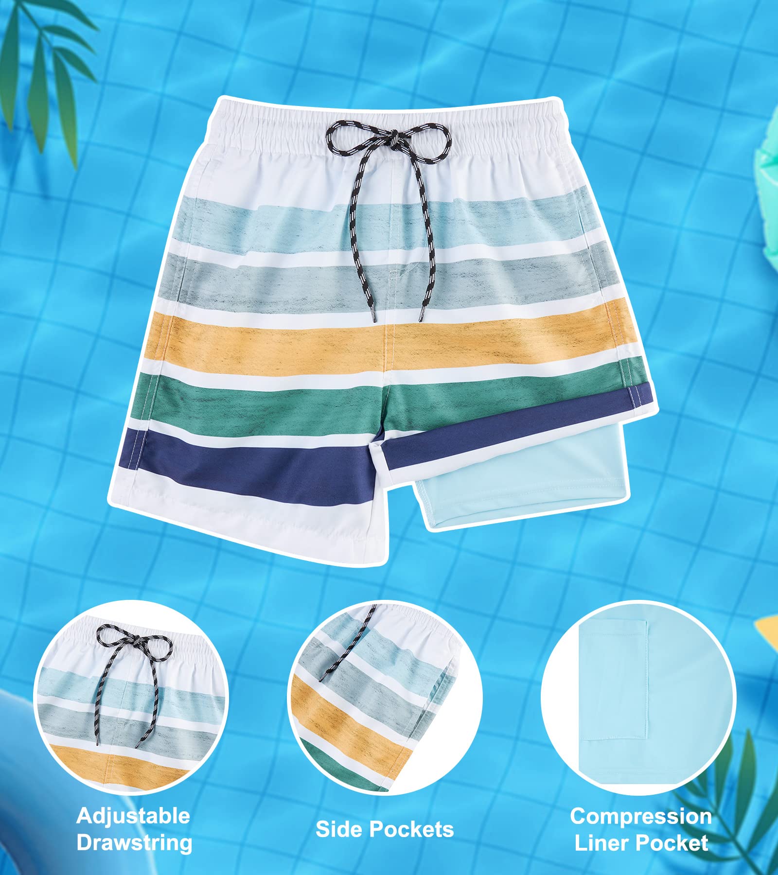 Belovecol Boys Swim Trunks with Compression Liner Anti-Chafe Swim Shorts Quick Dry UPF 50+ Bathing Suits Swimwear 7-20T