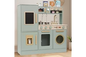 Pithfor Wooden Kitchen Playset for Kids Toddler, Pretend Play Kitchen Set Toy for Girls and Boys, with Kitchen Accessories - Green