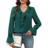 Funlingo Women's Long Sleeve Tops Dressy Casual V Neck Ruffle Tunic Chiffon Blouse Fall Trendy Work Shirts