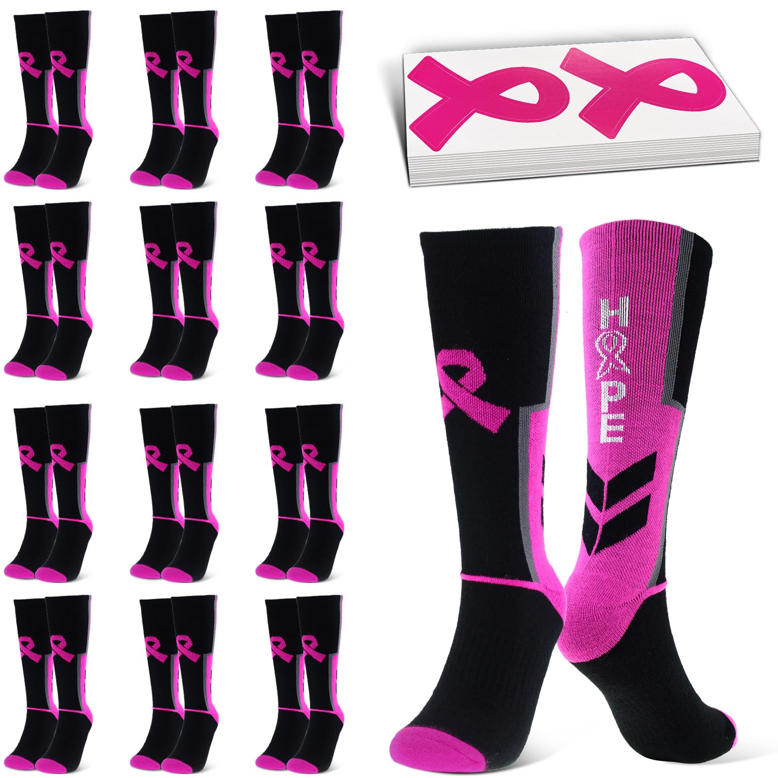 Photo 1 of 12 Pairs Breast Cancer Awareness Socks Bulk & 24 Pcs Pink Ribbon Stickers, Thick Pink Ribbon Football Socks for Events(S)