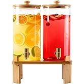 1.5 Gallon 2 Pack Glass Drink dispenser for parties,Beverage Dispenser With Wood Stand,Water Dispensers with spigot,lemonade dispenser,juice containers & water pitcher with lid
