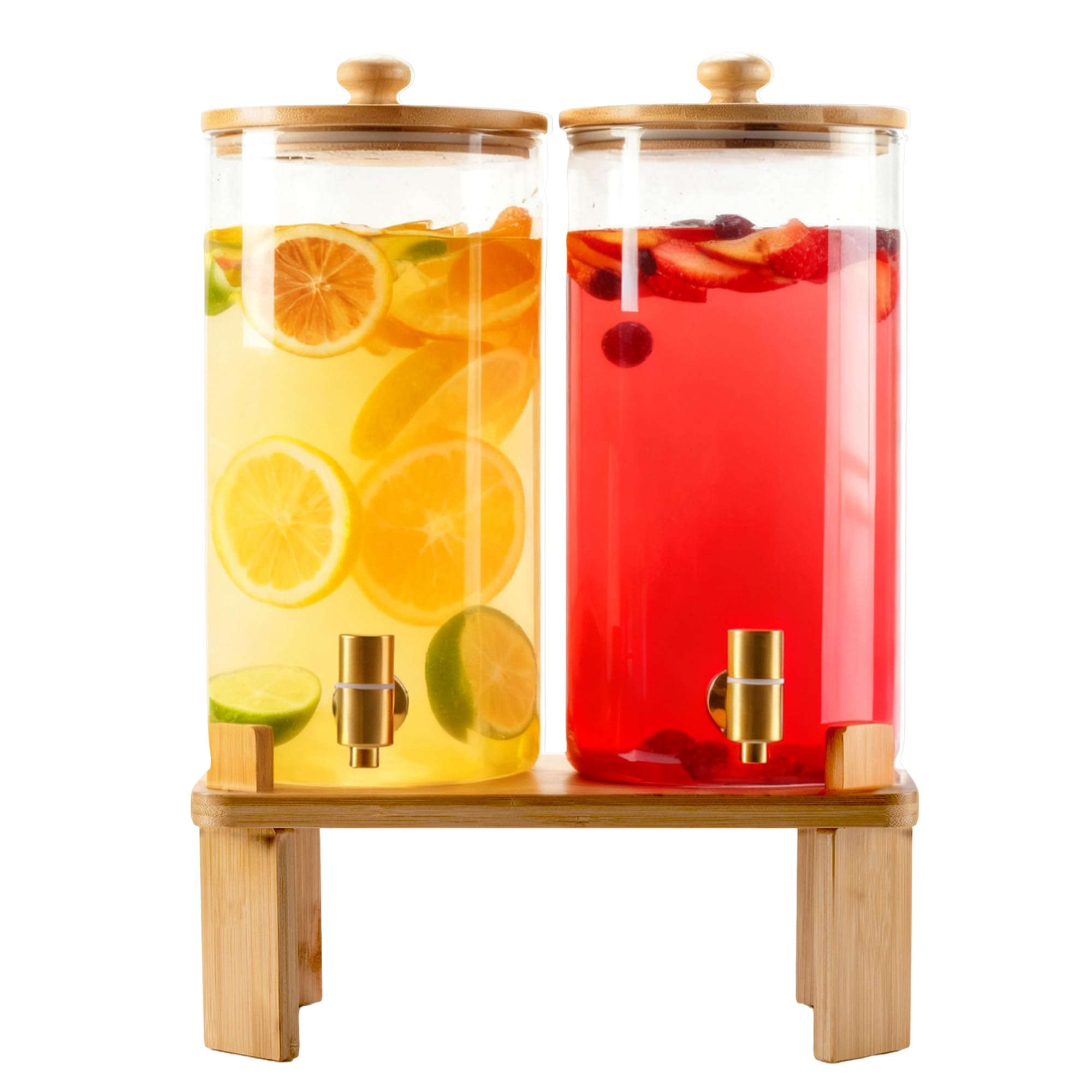 View 1 of 1.5 Gallon 2 Pack Glass Drink dispenser,Beverage Dispenser for parties supplies With Wood Stand,Water Dispensers with spigot,lemonade dispenser,juice containers & water pitcher with lid