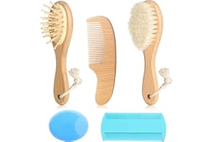 ESONTO Wooden Natural Goat Bristle Brush and Cradle Cap Comb Set - 5 in 1 Baby Grooming Kit for Newborns, Toddlers, Boys, and Girls (Blue)