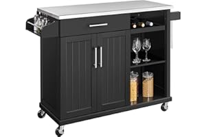 Yaheetech Kitchen Cart with Stainless Steel Top and Storage Cabinet, Kitchen Island on Wheels with Drawer & Open Shelves & Wine Rack & Spice Rack, 18" D x 51" W x 36" H, Black