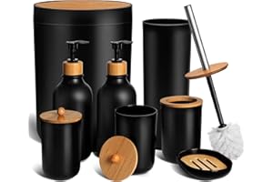 KASUNTING Black Bathroom Accessories Set 8 PCS, Matte Black Bathroom Accessory Sets Complete with Trash Can, Soap Dispenser a