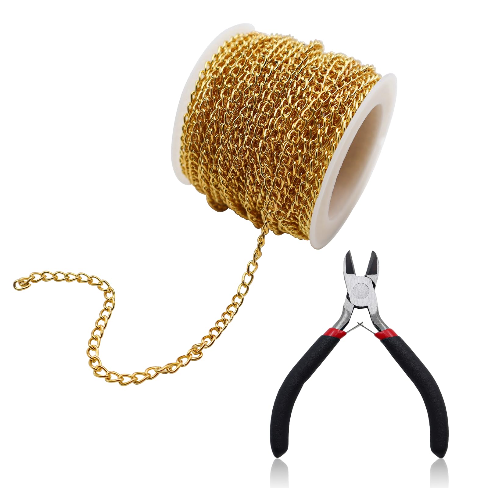 TXS 33 Feet Chain for Jewellery Making with Jewelry Pliers Jewellery Making Chains for Jewellery Making Stainless Steel Chain Link Chain Gold with Spool Necklace Chains for Jewellery Making 4X2.7mm
