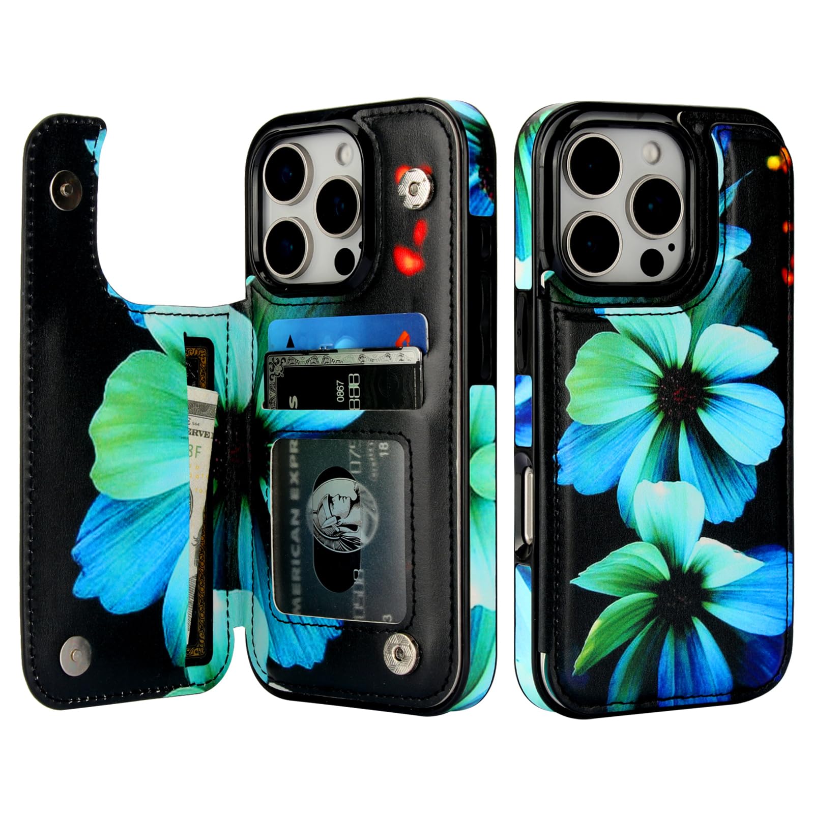 HAOPINSH for iPhone 16 Pro Wallet Case with Card Holder, Blue Florals Pattern Back Flip Folio PU Leather Kickstand Card Slots Case for Women Girls, Double Magnetic Clasp Shockproof Cover 6.3"
