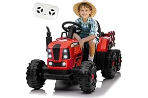 FEETICE Tractor Toys, Ride on Tractor with Trailer, 24V 400W Powered Electric Tractor Remote Control, Music Bluetooth and USB Support, Electric Car for Kids, 3 Speed Adjustable, Two-Point Safety Belt, Green