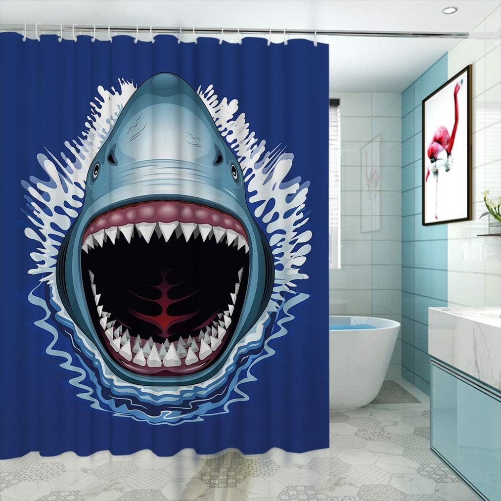 Yahonwa Shark Printed Shower Curtain, Attack of Open Mouth Sharp Teeth Sea Danger Wildlife Ocean Life Cartoon Personalized Drapes for Stall Bathtub, 69" W x 84" L Royal Blue Teal