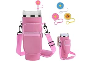 TEDMAX Water Bottle Holder with Strap for Stanley 40oz Tumbler with Handle, Neoprene Water Bottle Carrier Bag with Phone Pocket,Stanley Tumbler Accessories with Straw Covers (Pink)