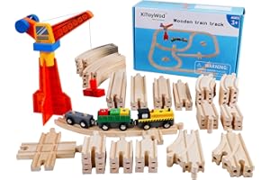 KiToyWod Wooden Train Track Set 62pcs, Wood Railway Systems Accessories Expansion Pack with Train + Crane, for 3-10 Years Toddlers Birthday Gift, Christmas Toys, Compatible with Major Brands (62 PCS)
