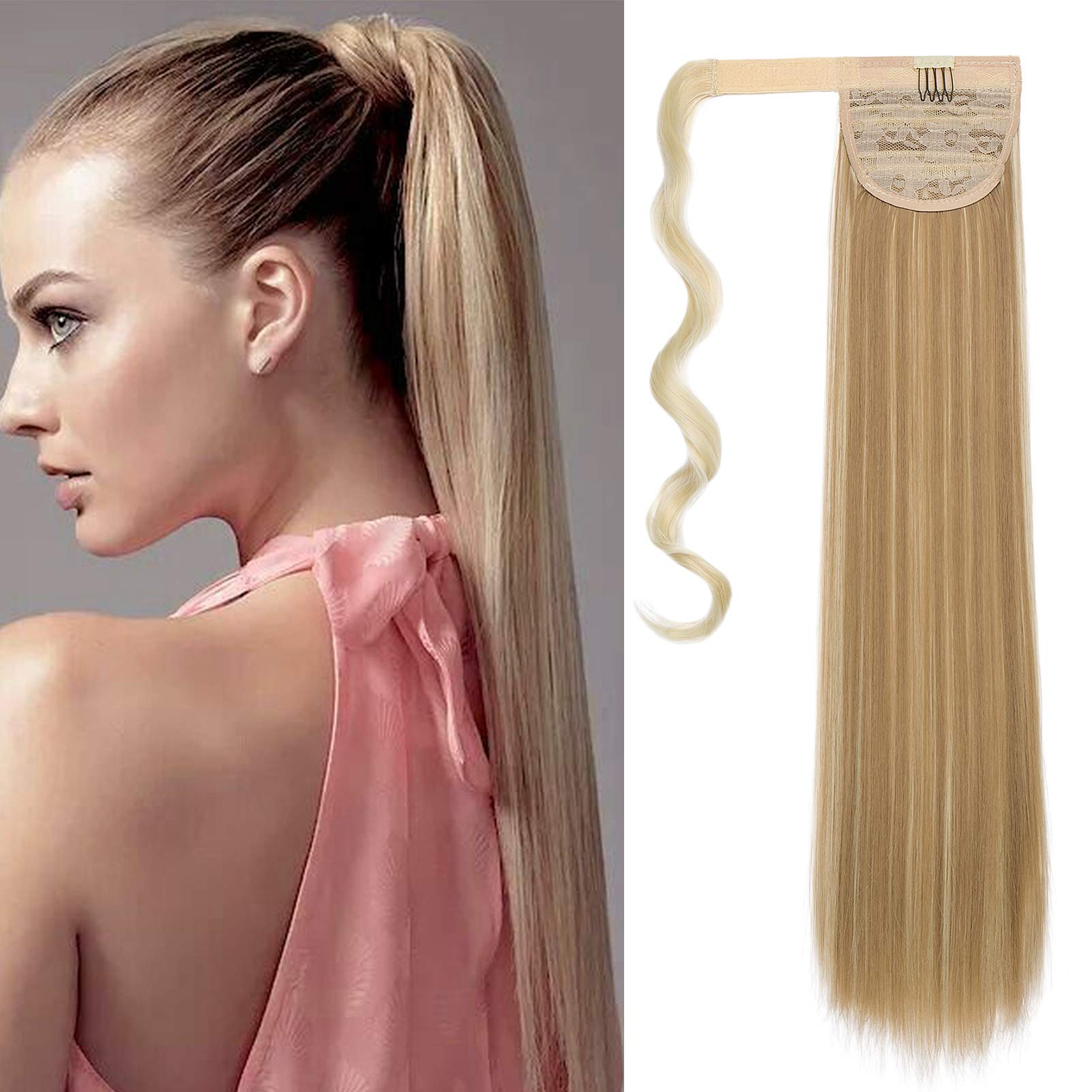 Cybelleza Ponytail Hair Extension Straight Wrap Around Pony Tail Clip in Hair Extensions Hairpiece Synthetic Long for Women (Bleach Blonde&Sandy Blonde)