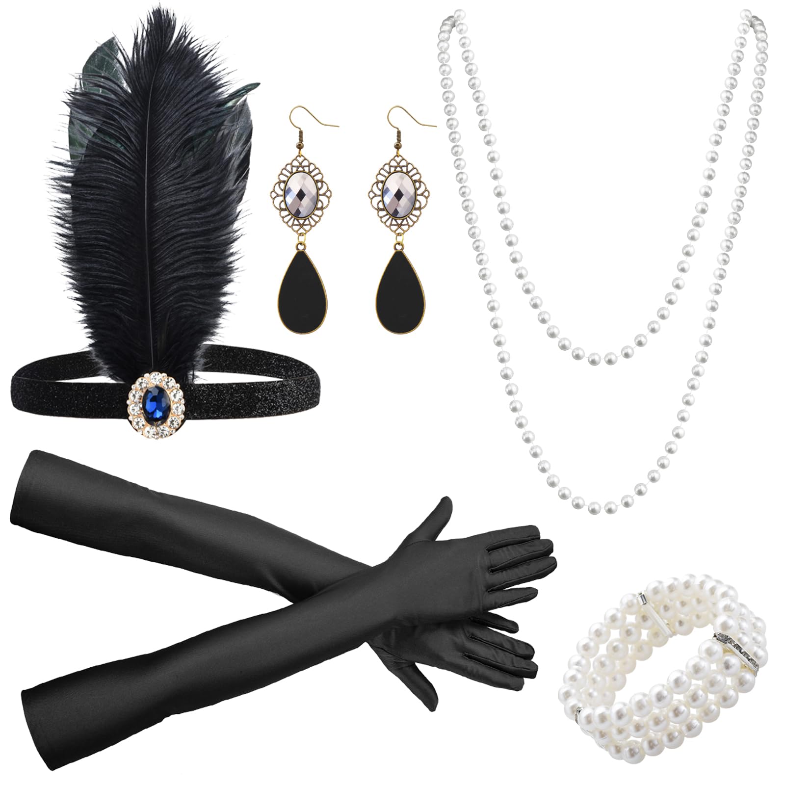 TYXHXTF 1920s Flapper Great Gatsby Accessories, 1920 Accessories, Roaring 20's Theme, Gatsby Accessories Set Fashion with Headband Headpiece Long Gloves Necklace Earrings