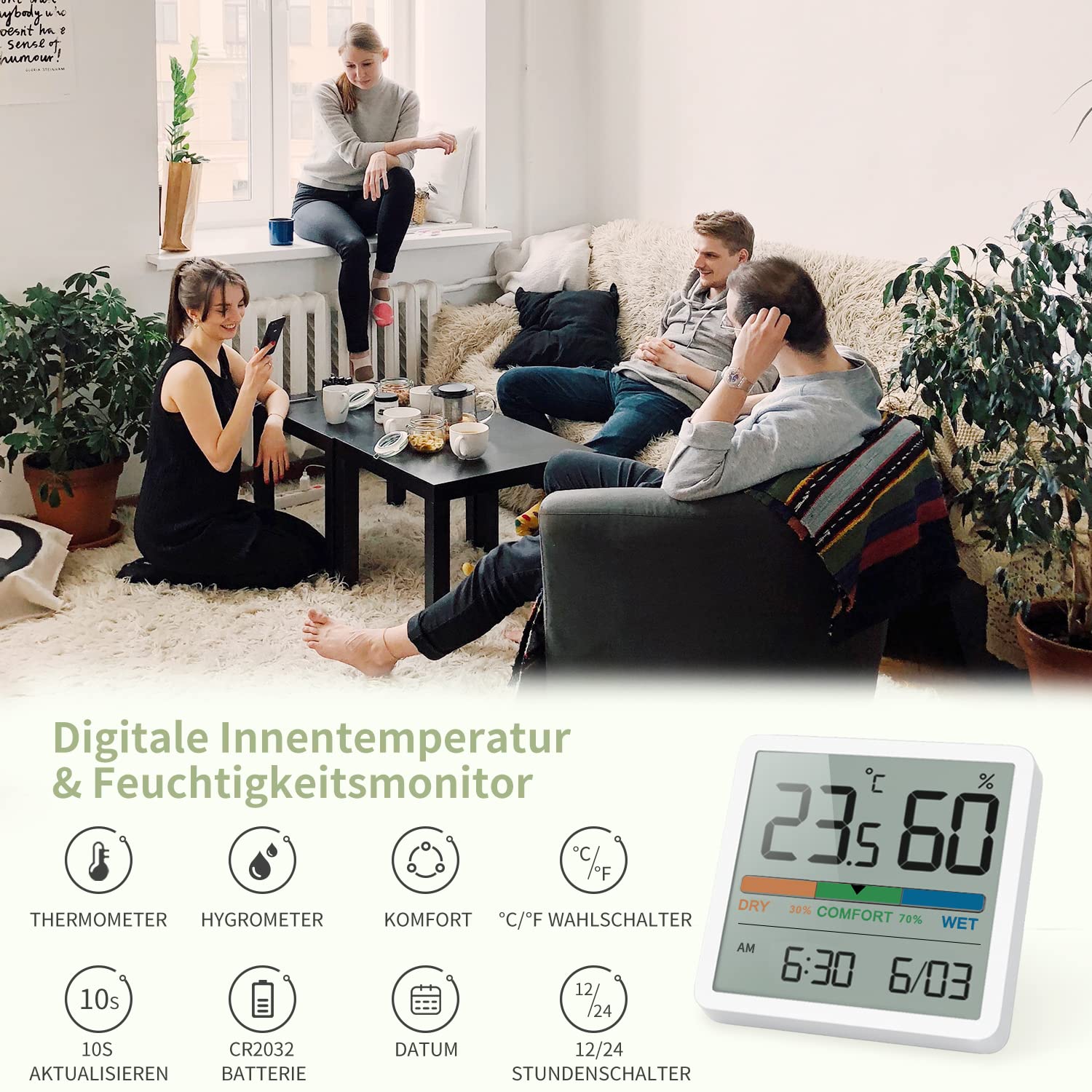 NOKLEAD Digitales Thermo-Hygrometer, Tragbares Thermometer Hygrometer Innen mit hohen Genauigkeit, Temperatur und Luftfeuchtigkeitsmesser für Raumklimakontrolle Raumluftüerwachtung Monitor (WEISS) 4