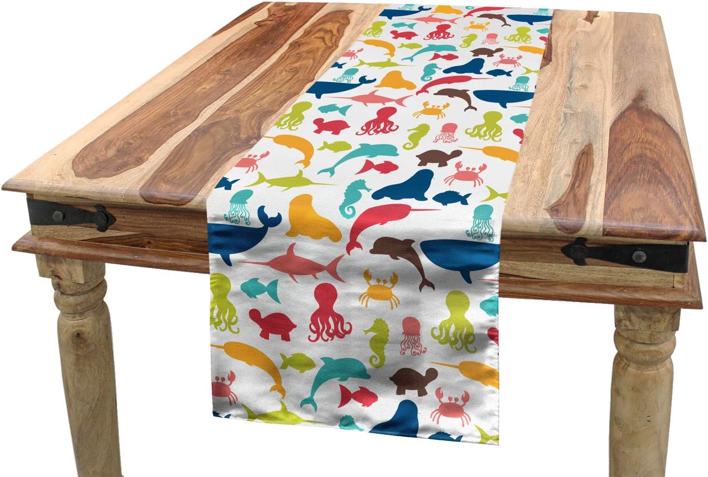 Lunarable Aquarium Table Runner, Colorful Silhouettes from Fauna of The Ocean Narwhal Octopus Seahorse and Shark, Dining Room Kitchen Rectangular Runner, 16" X 90", Multicolor