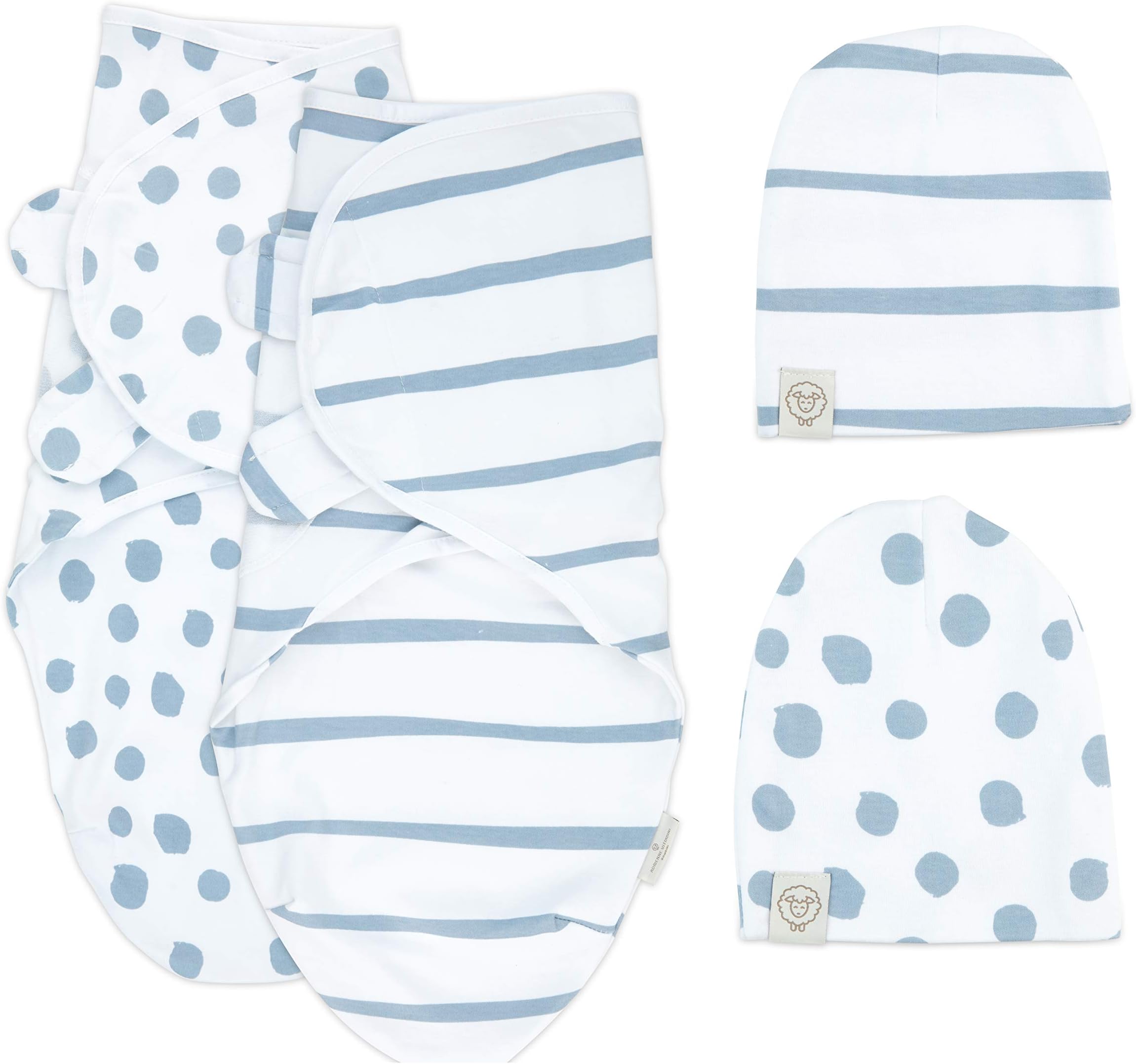 Adrienne Vittadini Bambini Adjustable Swaddle 2PC Pack+2PC Beanie Hats Small 0-3m Blue Stripes & Dots, Blue