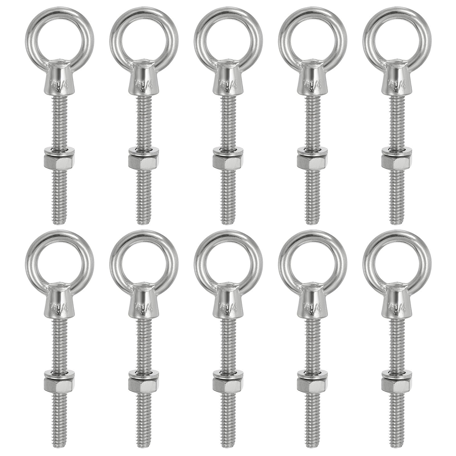 PATIKIL Lifting Eye Bolts UNC1/4"-20, 10 Pcs 316 Stainless Steel Marine Grade Machinery Shoulder Lifting Ring Threaded Eyebolt with Washer & Nut for Hanging Tie Down Strap, Silver