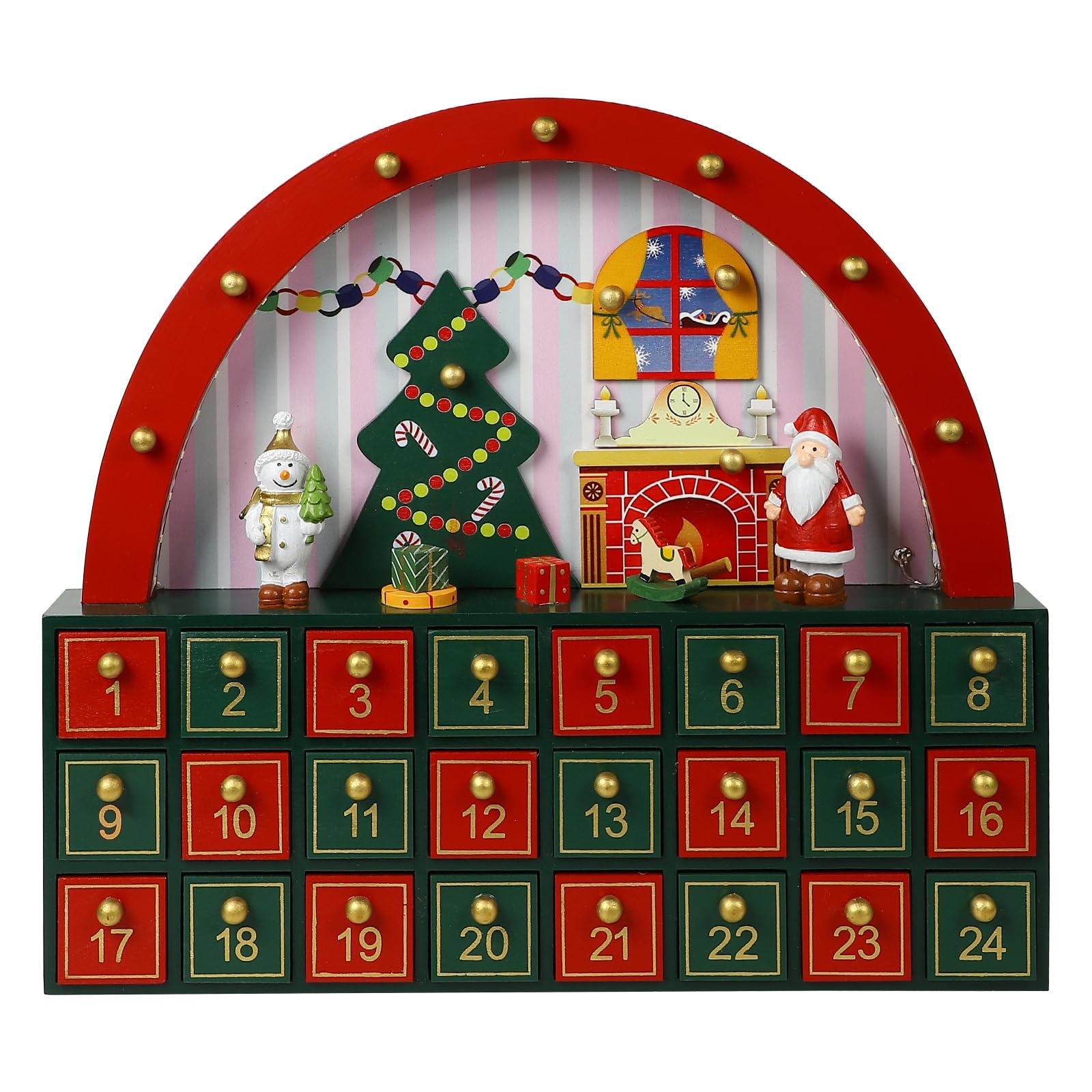 Photo 1 of MorTime 24 Day Advent Calendar with 24 Storage Drawers, LED Lighted Wooden Arch Door House Countdown to Christmas Calendar Decoration