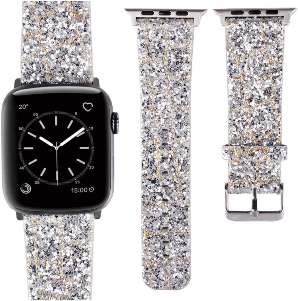 AKOPUGA Compatible with Apple Watch Band 42mm 44mm Shiny 3D Power Glitter Bling Leather Wristband iWatch Strap Replacement for Apple Watch Series 4/3/2/1(Silver, 42mm/44mm)