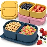 3 Pack Silicone Snack Containers for Kids, 2 Compartment Small Snack Box | 8 oz Capacity, Leakproof Lid, Small Lunch Box, Food Grade Silicone, Separate Compartments for School, Daycare and Travel
