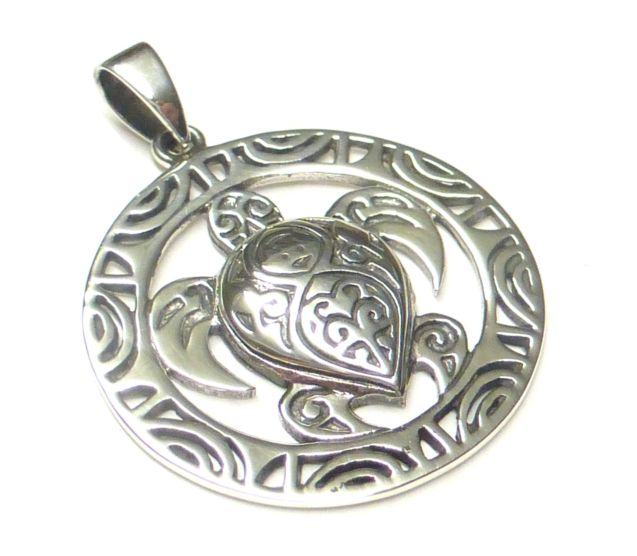 Sterling Silver Maori Turtle Pendant with Ornaments Protection Symbol Jewellery Unisex, Silver