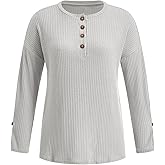 winkbay Women's Button Front Long Sleeve Henley Shirts Crew Neck Ribbed Knit Dressy Casual Tops