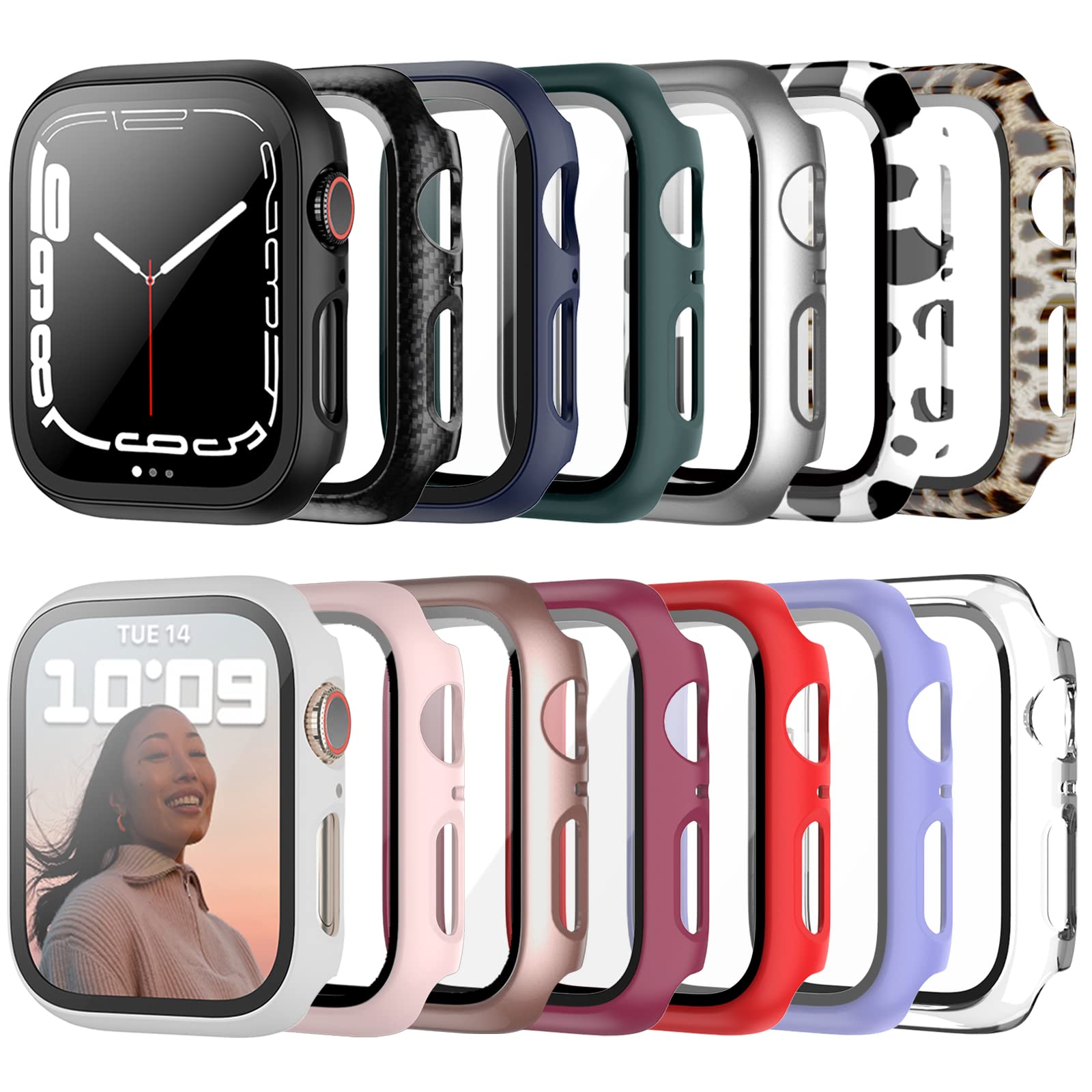 14 Pack Case with Tempered Glass Screen Protector for Apple Watch Series 7 45mm,JZK Hard PC Full Coverage Slim Guard Bumper Protective Cover HD Ultra-Thin Cover for iWatch 45mm Accessories